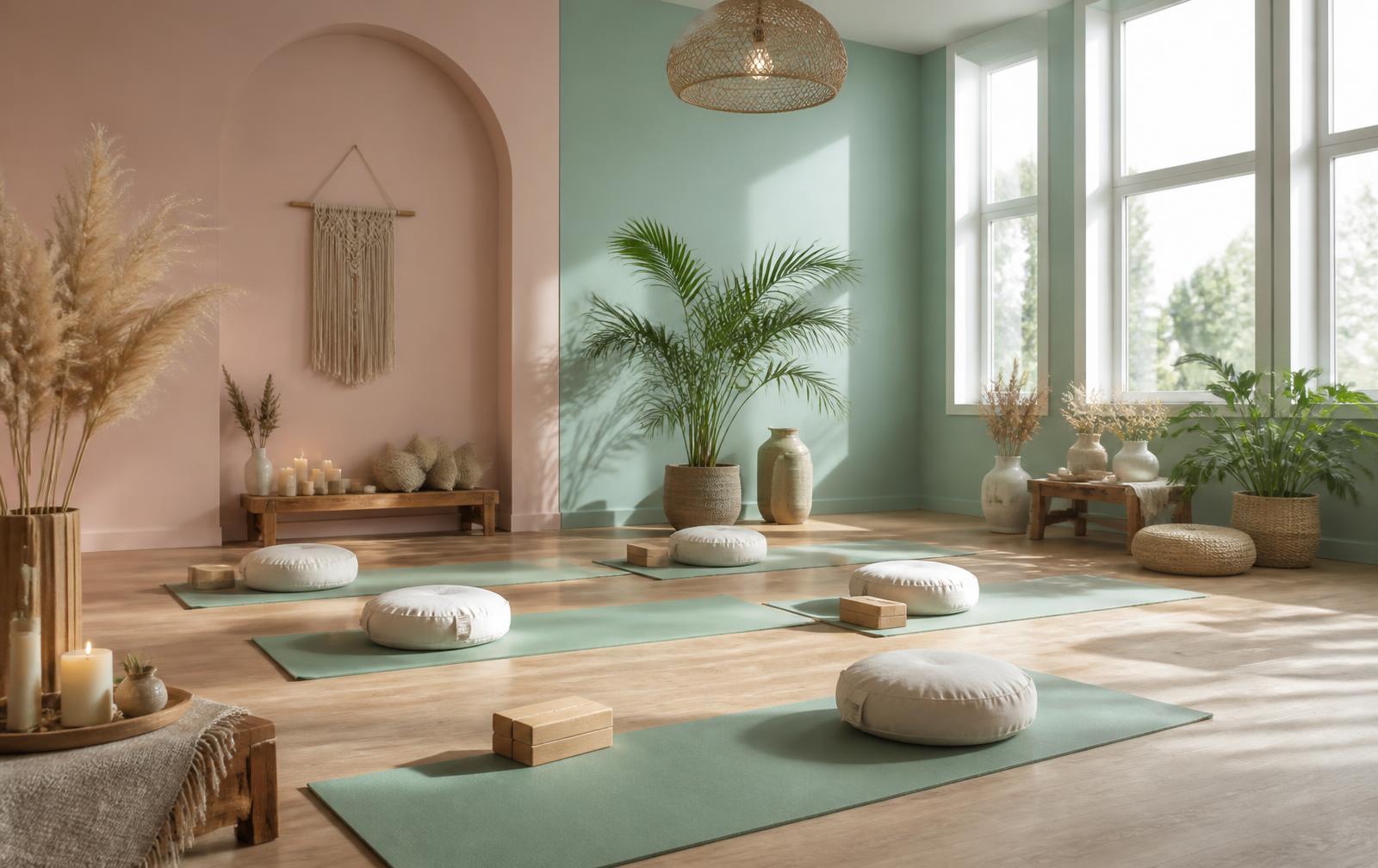Salle lumineuse des Lunemineuses à Cambrai, tapis de yoga et plantes